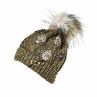 Winter Beanie  With Embossed Pattern And Pom Pon Fonem  Khaki