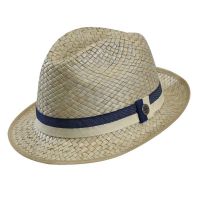 Summer Straw Trilby Hat Beige With Striped Ribbon