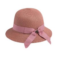 Girl's Summer Straw Hat With Bow Pink