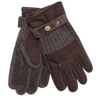Knitted Gloves With Leather And Woolen Fabric Brown