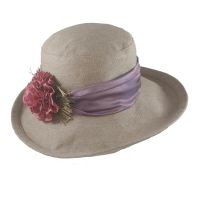 Summer Hand Made Linen Hat With Wide Purple Ribbon And Flower