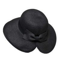 Καπέλο ψάθινο γυναικείο μαύρο με μεσαίο γείσο και φιόγκο Women's Straw Hat With Bow