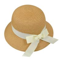 Girls' Summer Beige Sraw Hat With Ecru Grosgrain Ribbon And Bow