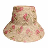 Women's Summer Raffia Straw Hat Floral Printed Pink