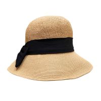 Women's Summer Straw Hat With Black Ribbon And Bow Camel
