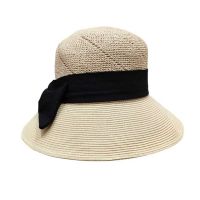 Women's Summer Straw Hat With Black Ribbon And Bow Beige