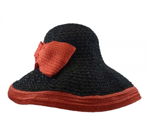 Καπέλο γυναικείο ψάθινο μαύρο χειροποίητο με κόκκινο φιόγκο Katerina Karoussos Marie Viska