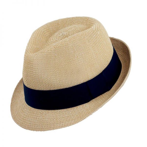 Summer Straw Trilby Hat With Dark Blue Ribbon