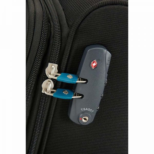 Βαλίτσα μαλακή μαύρη μεσαία με 4 ρόδες Samsonite Dynamo Spinner 67cm Black, λεπτομέρεια κλειδαριιά