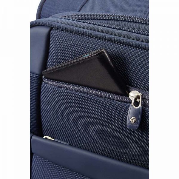 Βαλίτσα μαλακή μπλε επεκτάσιμη καμπίνας Samsonite Dynamo Upright Expandable 55cm Navy Blue, λεπτομέρεια εξωτερικές τσέπες