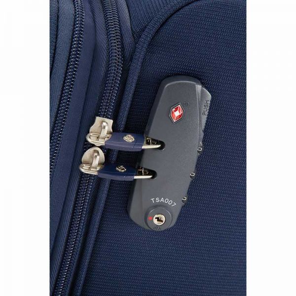 Βαλίτσα μαλακή μπλε επεκτάσιμη καμπίνας Samsonite Dynamo Upright Expandable 55cm Blue, λεπτομέρεια κλειδαριιάΒαλίτσα μαλακή μπλε επεκτάσιμη καμπίνας Samsonite Dynamo Upright Expandable 55cm Navy Blue