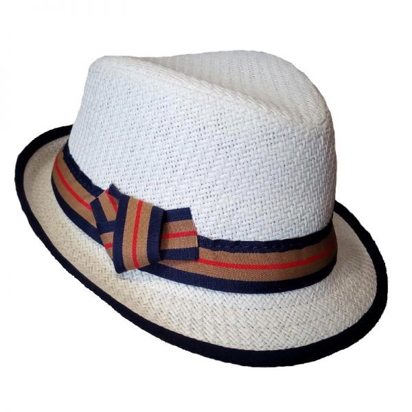 Καπέλο καβουράκι παιδικό λευκό  ψάθινο με ριγέ κορδέλα