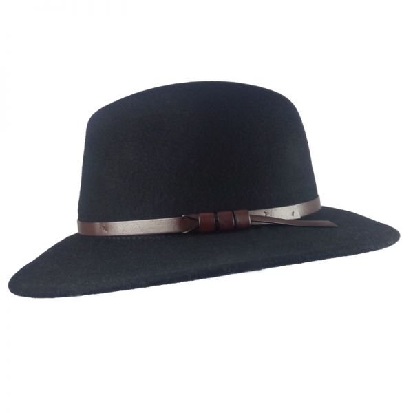 Καπέλο χειμερινό μάλλινο ρεπούμπλικα μαύρο με δερμάτινο λουράκι Fedora Wool Water Repellent Crushable Black Hat, αριστερή όψη