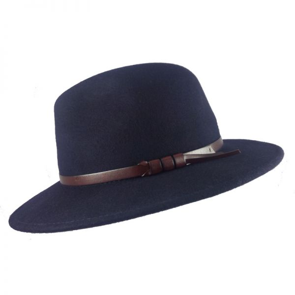 Καπέλο χειμερινό μάλλινο ρεπούμπλικα μπλε με δερμάτινο λουράκι Fedora Wool Water Repellent Crushable Blue Hat, αριστερή όψη