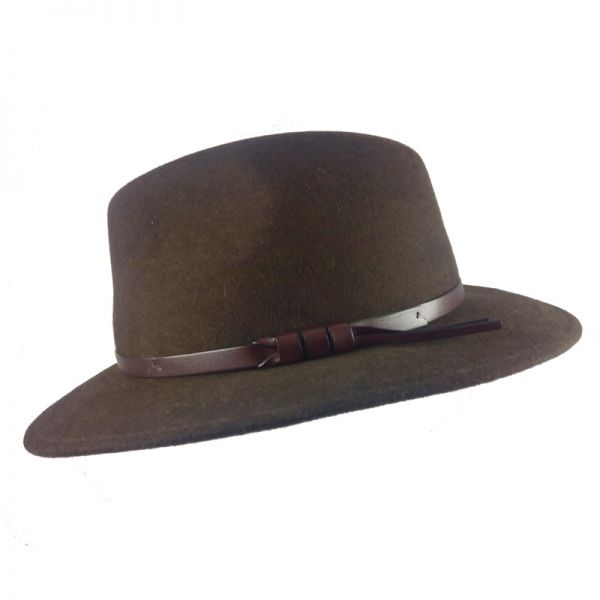Καπέλο χειμερινό μάλλινο ρεπούμπλικα καφέ με δερμάτινο λουράκι Fedora Wool Water Repellent Crushable Brown Hat, αριστερή όψη