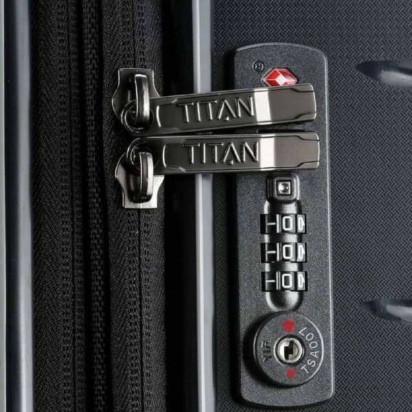 Βαλίτσα σκληρή μεσαία επεκτάσιμη μαύρη Titan Limit Expandable M Spinner Black, δεξιά όψη, λεπτομέρεια, κλειδαριά TSA.