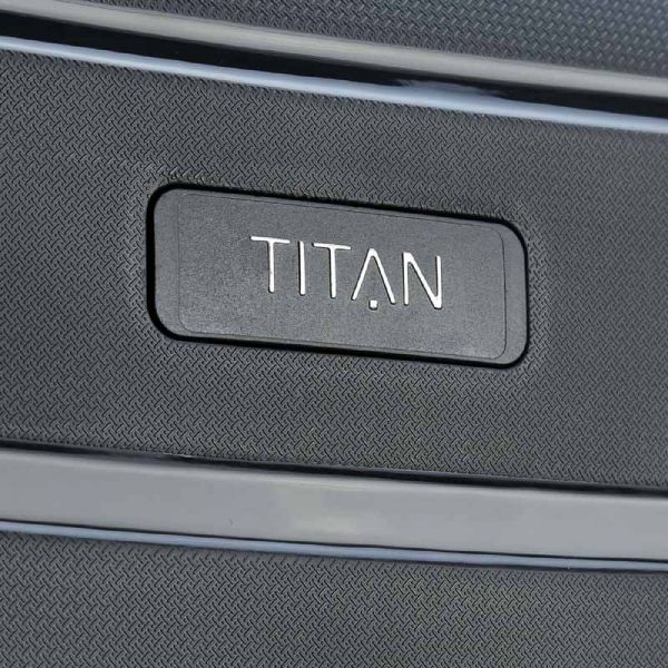 Βαλίτσα σκληρή μεσαία επεκτάσιμη μαύρη Titan Limit Expandable M Spinner Black, λεπτομέρεια, logo