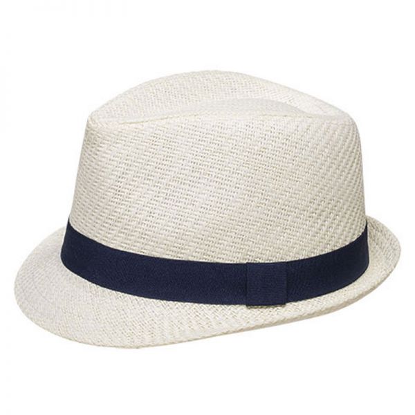 Καπέλο καβουράκι παιδικό εκρού  ψάθινο με σκούρα μπλε κορδέλα Kids Straw Trilby Hat Ecrou With Dark Blue Ribbon
