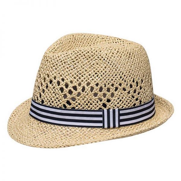 Καπέλο καβουράκι παιδικό μπεζ  ψάθινο με ριγέ κορδέλα Kids Straw Trilby Hat Beige With Striped Ribbon