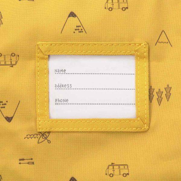 Τσάντα ταξιδιού παιδική λεωφορείο Lässig Mini Sportsbag Adventure Bus Grey, λεπτομέρεια, ετικέτα ονόματος.