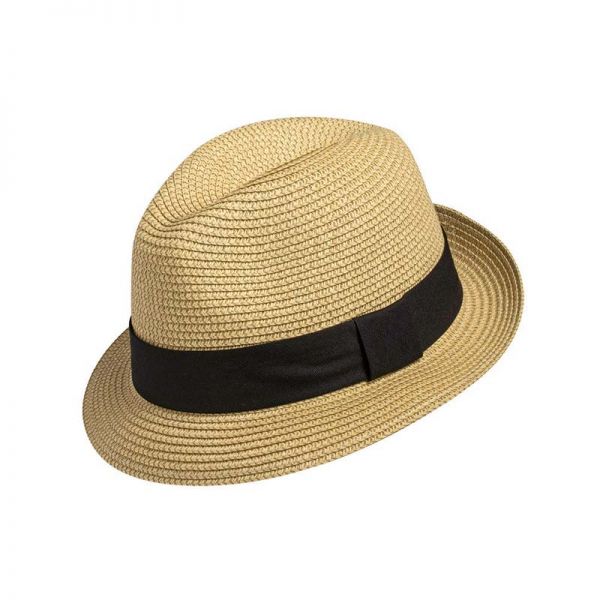 Καπέλο καβουράκι ψάθινο καλοκαιρινό μπεζ με μαύρη κορδέλα Straw Trilby Hat With Black Ribbon.