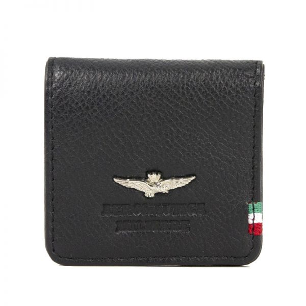 Leather Coin Punch Wallet Aeronautica Militare Flag Coin Purse Black AM-109