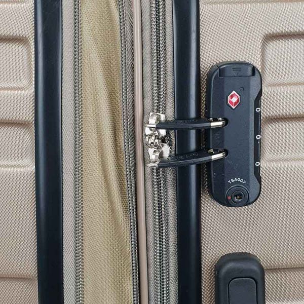 Βαλίτσα σκληρή μεσαία επεκτάσιμη σαμπανί  με 4 ρόδες Rain 4W Expandable RB80104 Luggage 65 cm Champagne, λεπτομέρεια, κλειδαριά συνδυασμού TSA.