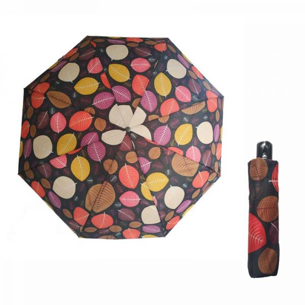 Ομπρέλα γυναικεία σπαστή  αυτόματο άνοιγμα και κλείσιμο Ferre Automatic Open - Close Folding Umbrella Autumn Leaves Black.
