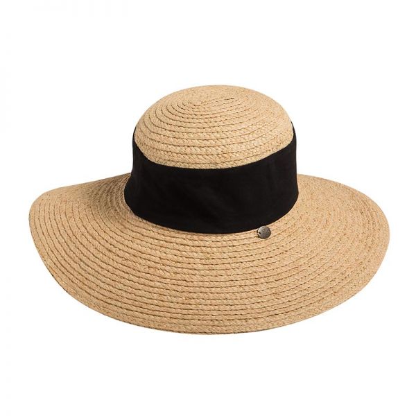 Καπέλο γυναικείο ψάθινο καλοκαιρινό με μεγάλο γείσο και φαρδιά μαύρη κορδέλα Women's Straw Hat With Big Bream  Wide Black Ribbon.