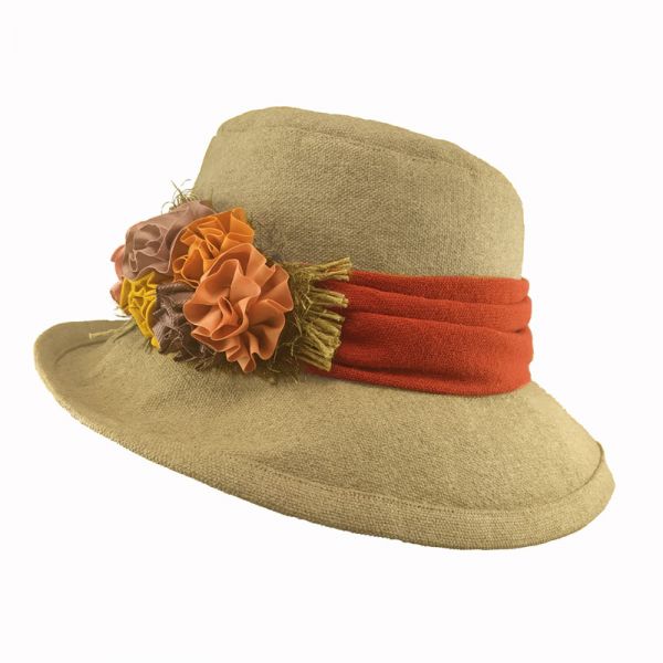 Καπέλο γυναικείο λινό καλοκαιρινό χειροποίητο με φαρδιά κορδέλα και λουλούδια