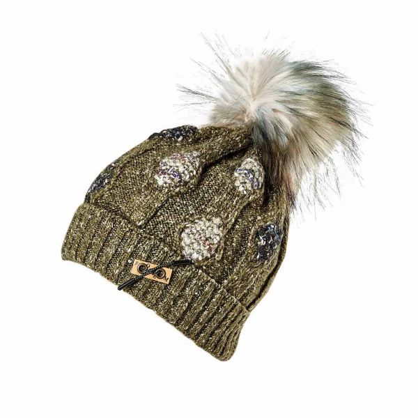 Winter Beanie  With Embossed Pattern And Pom Pon Fonem  Khaki