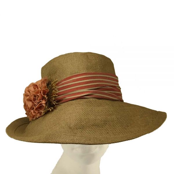 Summer Linen Handmade Hat With Striped Band And Pink Flower