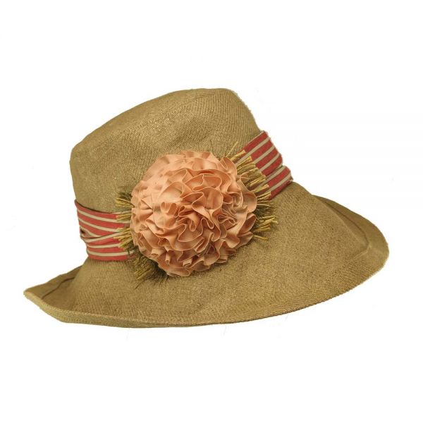 Summer Linen Handmade Hat With Striped Band And Pink Flower