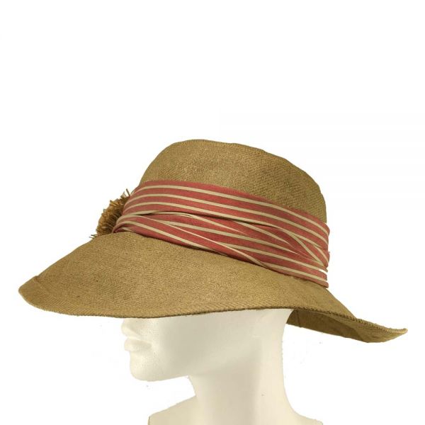Summer Linen Handmade Hat With Striped Band And Pink Flower