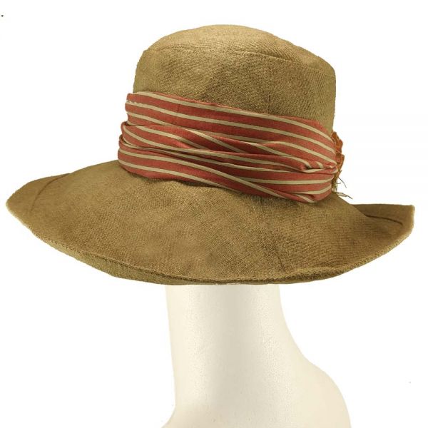 Summer Linen Handmade Hat With Striped Band And Pink Flower