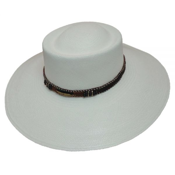 Women's Sraw Panama Hat With Big Brim And Leather Strap