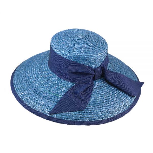 Straw Hat With Big Brim And Wide Ribbon Blue