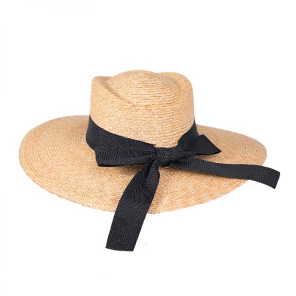 Women's Straw Hat With Big Brim And Black Ribbon With Bow