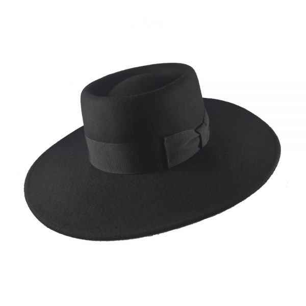 Winter Wool Long Brim Hat With Wide Band And Bow Black