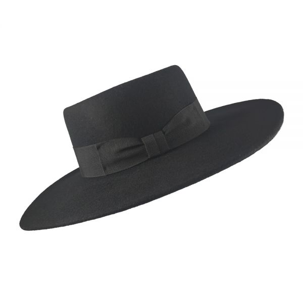 Winter Wool Long Brim Hat With Wide Band And Bow Black