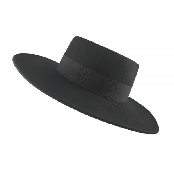 Winter Wool Long Brim Hat With Wide Band And Bow Black