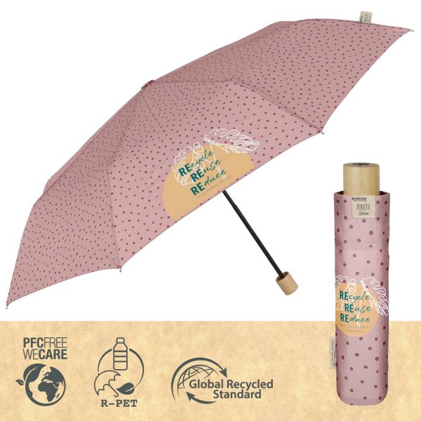 Ομπρέλα χειροκίνητη γυναικεία οικολογική σπαστή  ροζ πουά Perletti Folding Umbrella Eco Friendly Spots Pink
