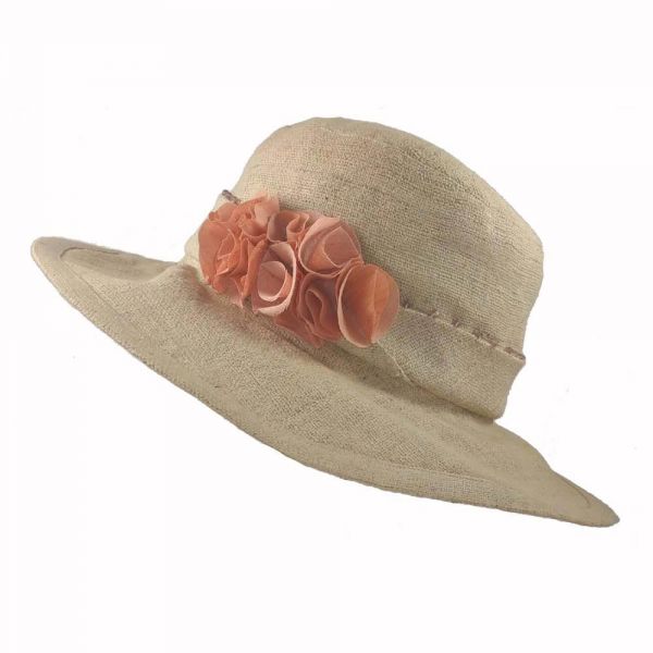 Summer Hand Made Silk Soie Sauvage Hat With Wide Ribbon And Pink Flowers