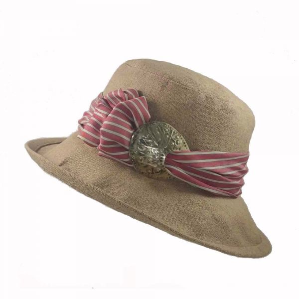 Summer Linen Handmade Hat With Striped Band And Metal Buckle