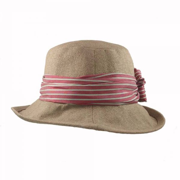 Summer Linen Handmade Hat With Striped Band And Metal Buckle
