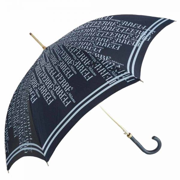 Ομπρέλα γυναικεία μεγάλη αυτόματη μπλε σατέν  Ferré‎ Stick Satin Umbrella Vertical Logo Blue