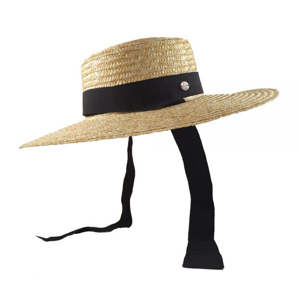 Women's Straw Hat With Big Brim And Wide Black Ribbon