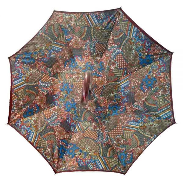 Ομπρέλα γυναικεία μεγάλη διπλή χειροκίνητη βυσσινί σατέν  Ferré‎ Stick Satin Umbrella Burgundy / Floral Patchwork