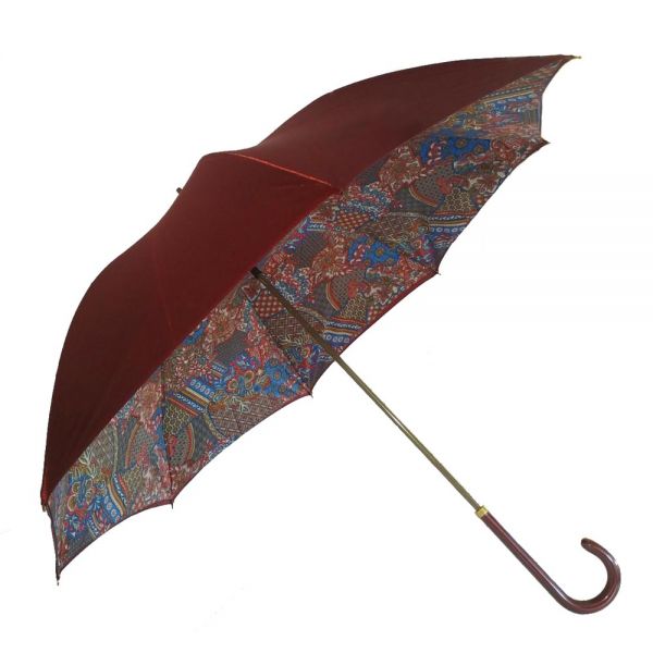 Women's Long Manual Satin Umbrella Burgundy / Floral Patchwork