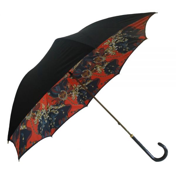 Ομπρέλα γυναικεία μεγάλη διπλή χειροκίνητη σκούρα μπλε σατέν  Ferré‎ Stick Satin Umbrella Dark Blue / Floral